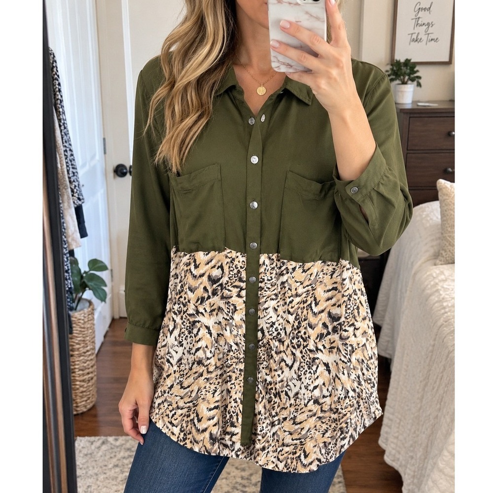 Free People Welcome to the Jungle Tunic Top S Olive Animal Print Button Down Boh